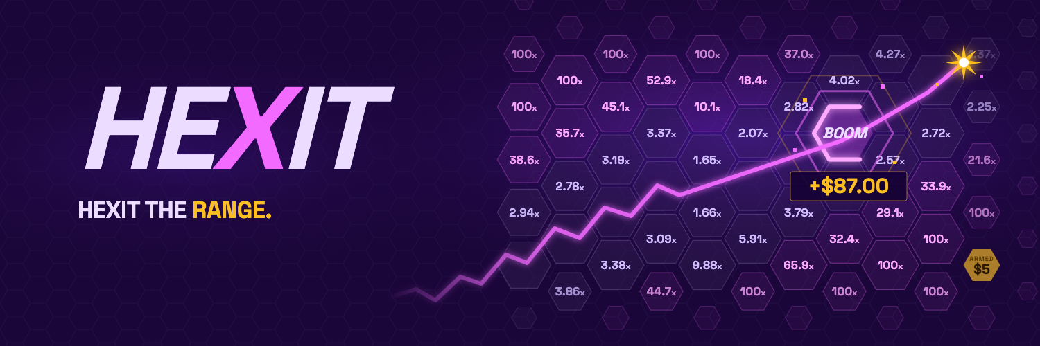 Hexit's purple honeycomb board, with a moving price line and tile multipliers