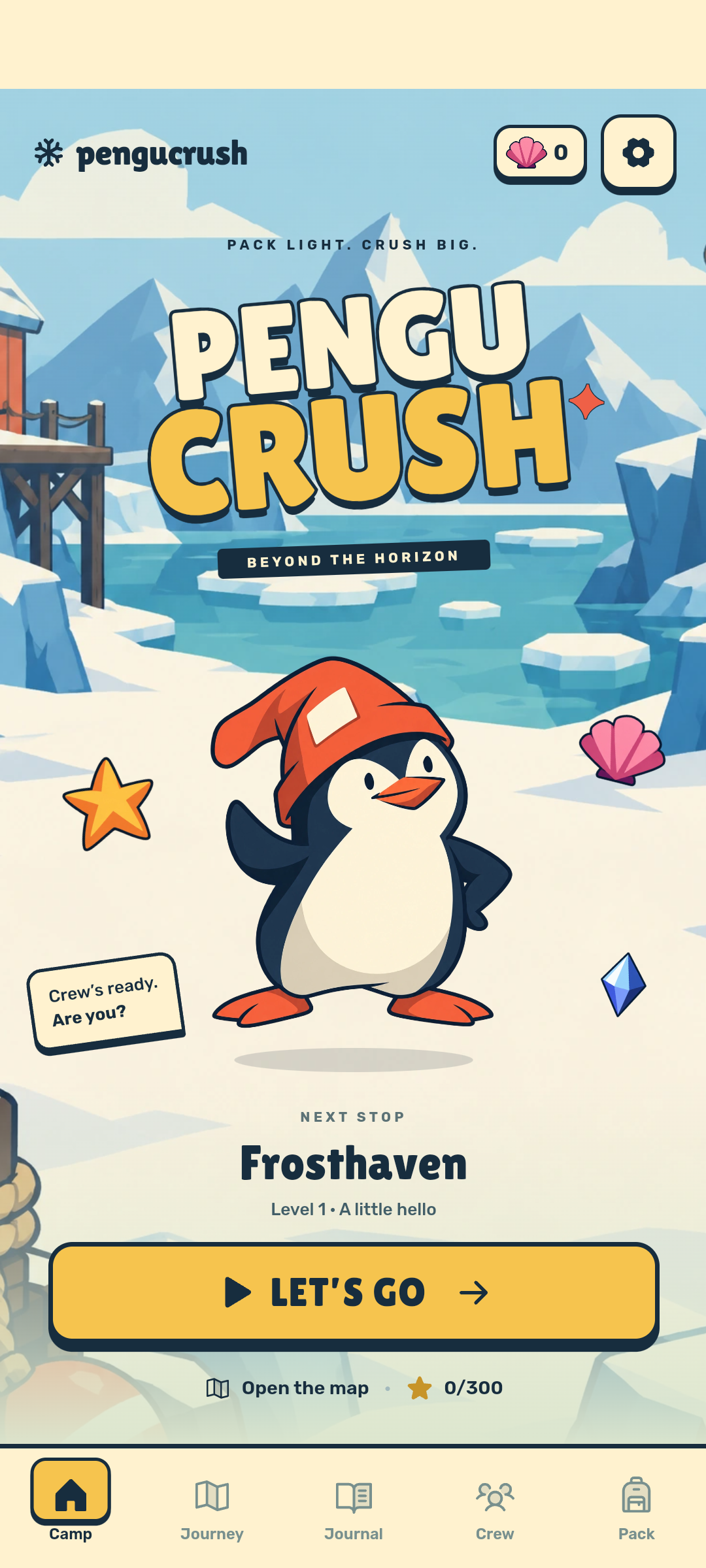 PenguCrush expedition camp with Kip and the Beyond the Horizon title
