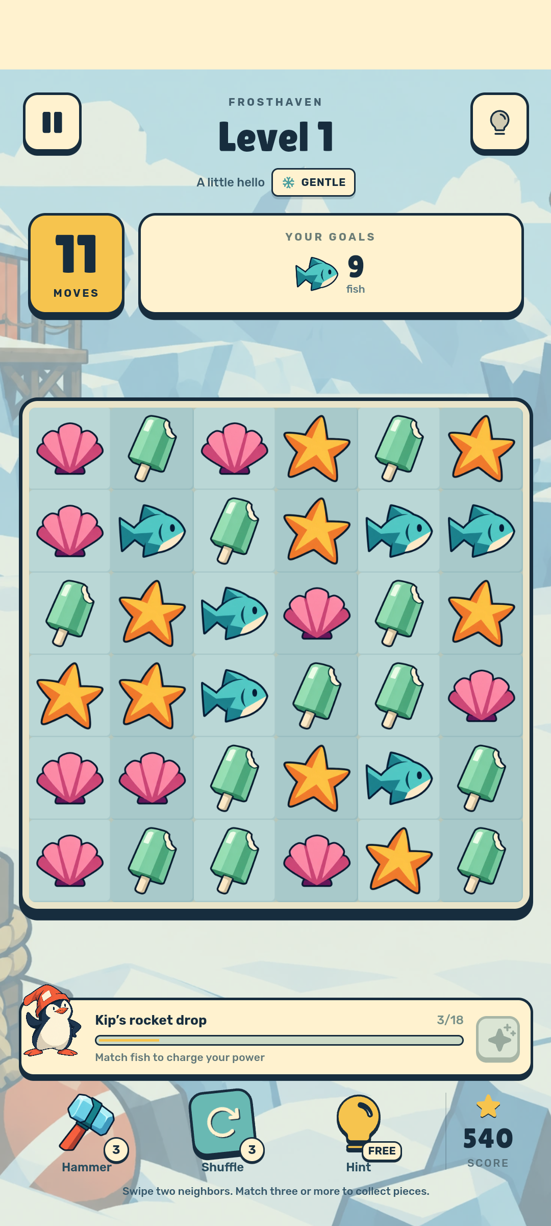 PenguCrush match-3 board with colourful ocean treasures and level goals