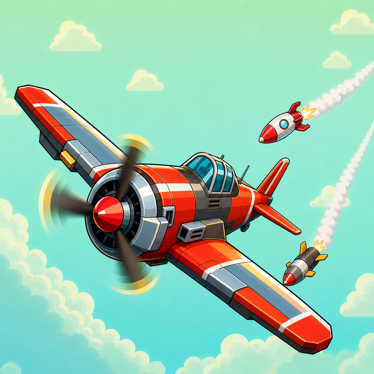 Planes promotional artwork: an orange aircraft dodging homing missiles